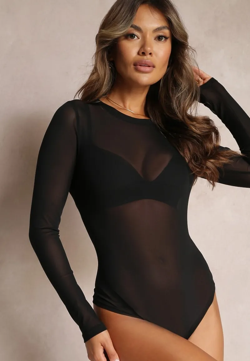 Czarne Klasyczne Body Długimi Rękawami i Okrągłym Dekoltem Perissa