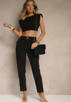 Czarne Klasyczne Spodnie Regular Waist z Gumką w Pasie Tilomira