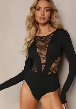 Czarne Koronkowe Body z Ozdobnym Dekoltem i Długimi Rękawami Bekemi
