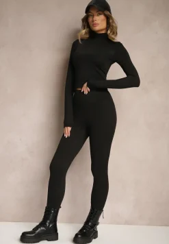 Czarne Legginsy High Waist z Szeroką Gumką w Pasie Sevini