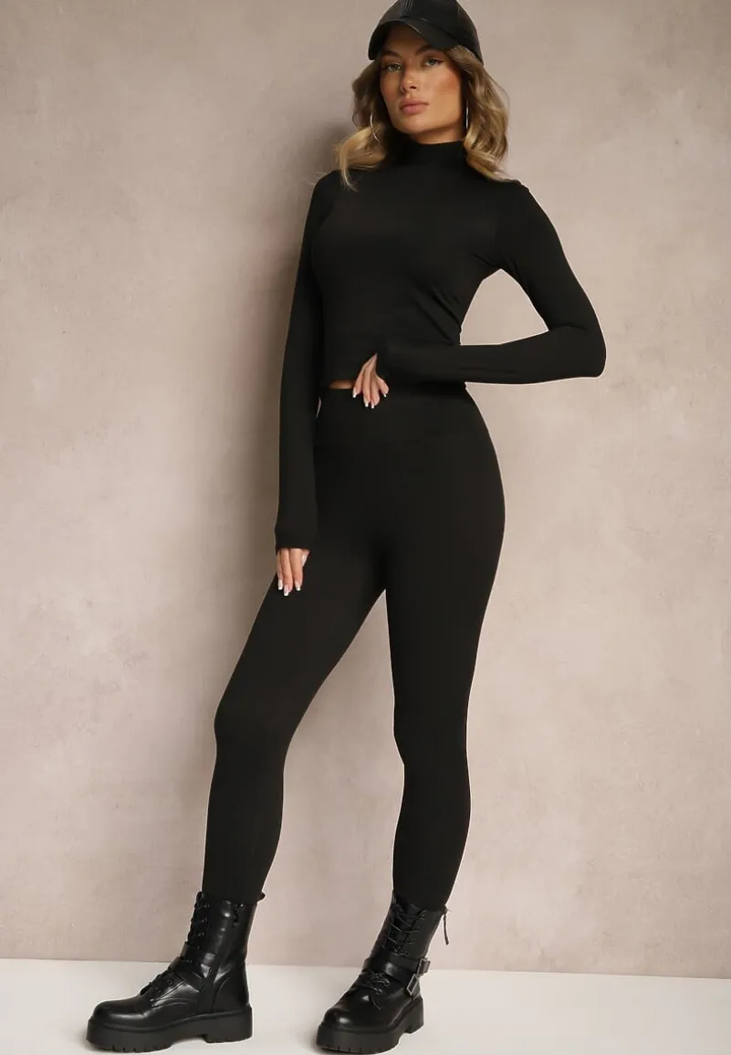 Czarne Legginsy High Waist z Szeroką Gumką w Pasie Sevini