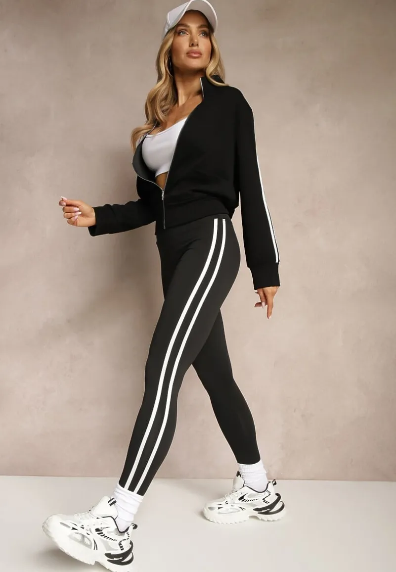 Czarne Legginsy High Waist z Push-Upem z Elastycznego Materiału z Lampasami Ateria