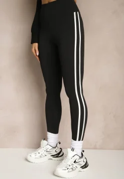 Czarne Legginsy High Waist z Push-Upem z Elastycznego Materiału z Lampasami Ateria