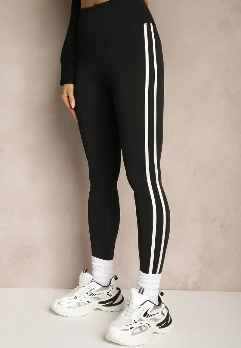 Czarne Legginsy High Waist z Push-Upem z Elastycznego Materiału z Lampasami Ateria