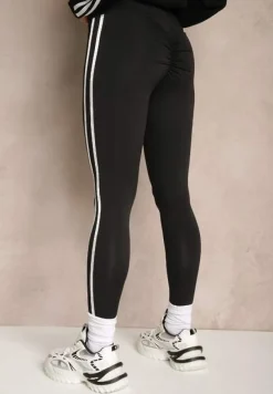 Czarne Legginsy High Waist z Push-Upem z Elastycznego Materiału z Lampasami Ateria