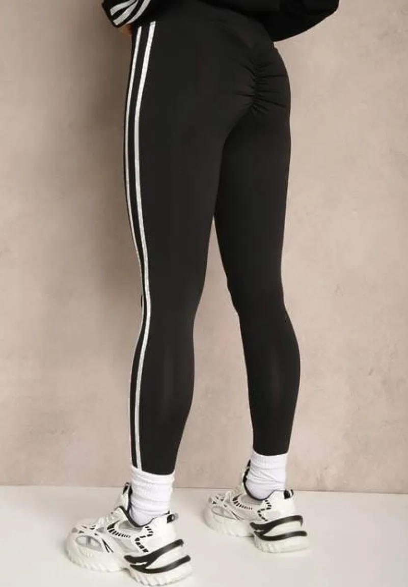 Czarne Legginsy High Waist z Push-Upem z Elastycznego Materiału z Lampasami Ateria