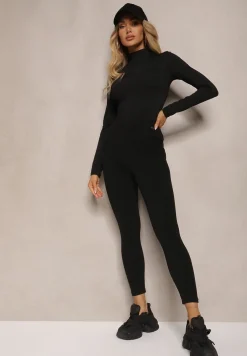 Czarne Legginsy High Waist z Metaliczną Ozdobą Batila