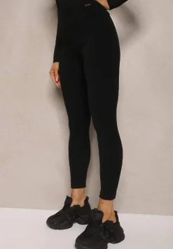 Czarne Legginsy High Waist z Metaliczną Ozdobą Batila