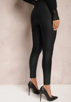 Czarne Legginsy High Waist z Imitacji Skóry z Gumką w Pasie Boggera
