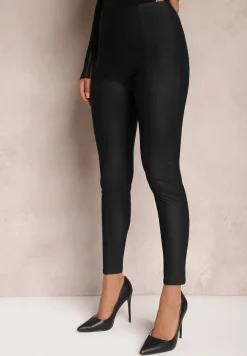 Czarne Legginsy High Waist z Imitacji Skóry z Gumką w Pasie Boggera