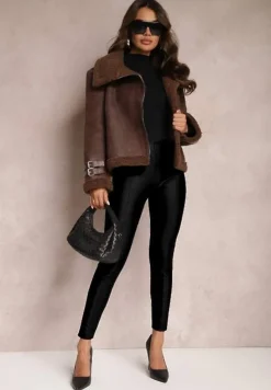 Czarne Legginsy High Waist z Imitacji Skóry z Gumką w Pasie Boggera