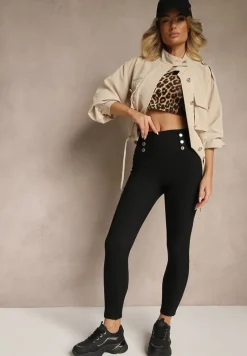 Czarne Legginsy High Waist z Ozdobnymi Guzikami Kolowenia
