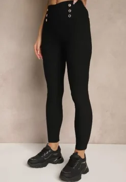 Czarne Legginsy High Waist z Ozdobnymi Guzikami Kolowenia
