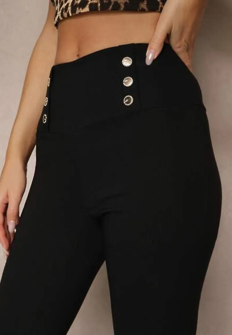 Czarne Legginsy High Waist z Ozdobnymi Guzikami Kolowenia