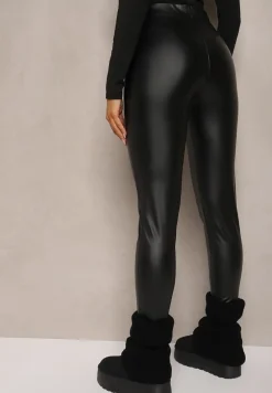 Czarne Legginsy High Waist z Imitacji Skóry z Gumką w Pasie Ozdobione Guzikami Sinairis