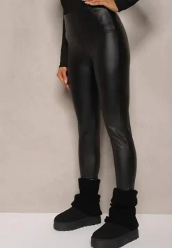 Czarne Legginsy High Waist z Imitacji Skóry z Gumką w Pasie Ozdobione Guzikami Sinairis