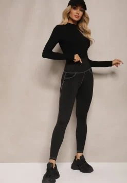 Czarne Legginsy High Waist w Jeansowy Wzór Elazara