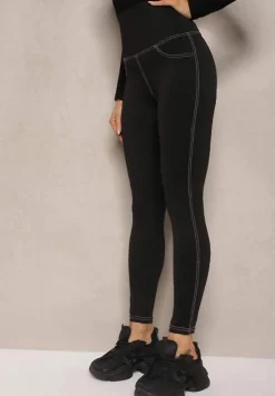 Czarne Legginsy High Waist w Jeansowy Wzór Elazara
