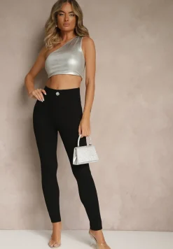 Czarne Legginsy High Waist z Wiskozą z Cyrkoniowym Guzikiem Naliselle
