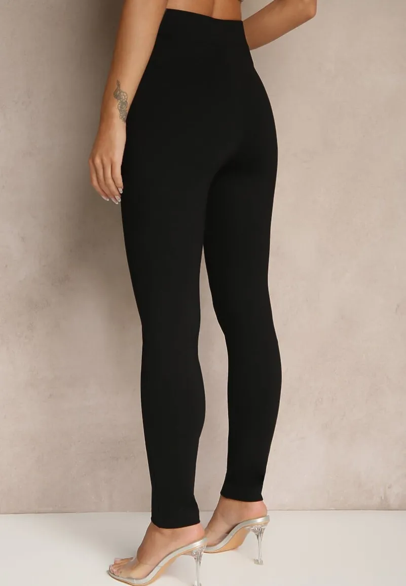 Czarne Legginsy High Waist z Wiskozą z Cyrkoniowym Guzikiem Naliselle