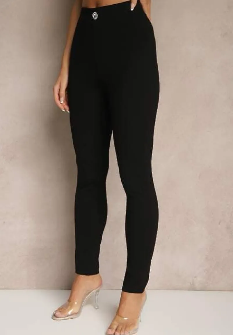 Czarne Legginsy High Waist z Wiskozą z Cyrkoniowym Guzikiem Naliselle
