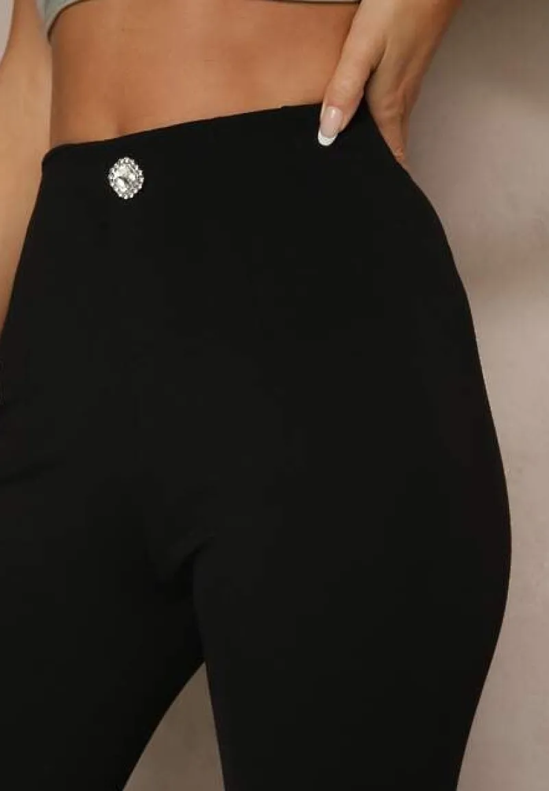 Czarne Legginsy High Waist z Wiskozą z Cyrkoniowym Guzikiem Naliselle