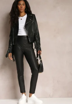 Czarne Legginsy High Waist z Ekoskóry Wasica