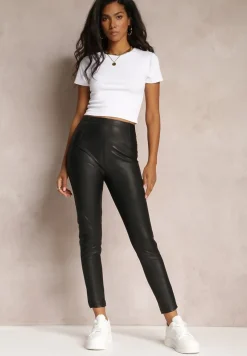 Czarne Legginsy High Waist z Ekoskóry Wasica