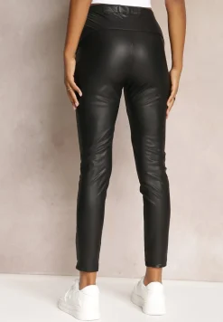 Czarne Legginsy High Waist z Ekoskóry Wasica