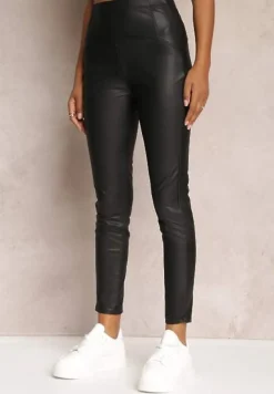 Czarne Legginsy High Waist z Ekoskóry Wasica