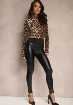 Czarne Legginsy Ocieplane z Ekoskóry z Bawełną z Wysokim Stanem Sorlemi