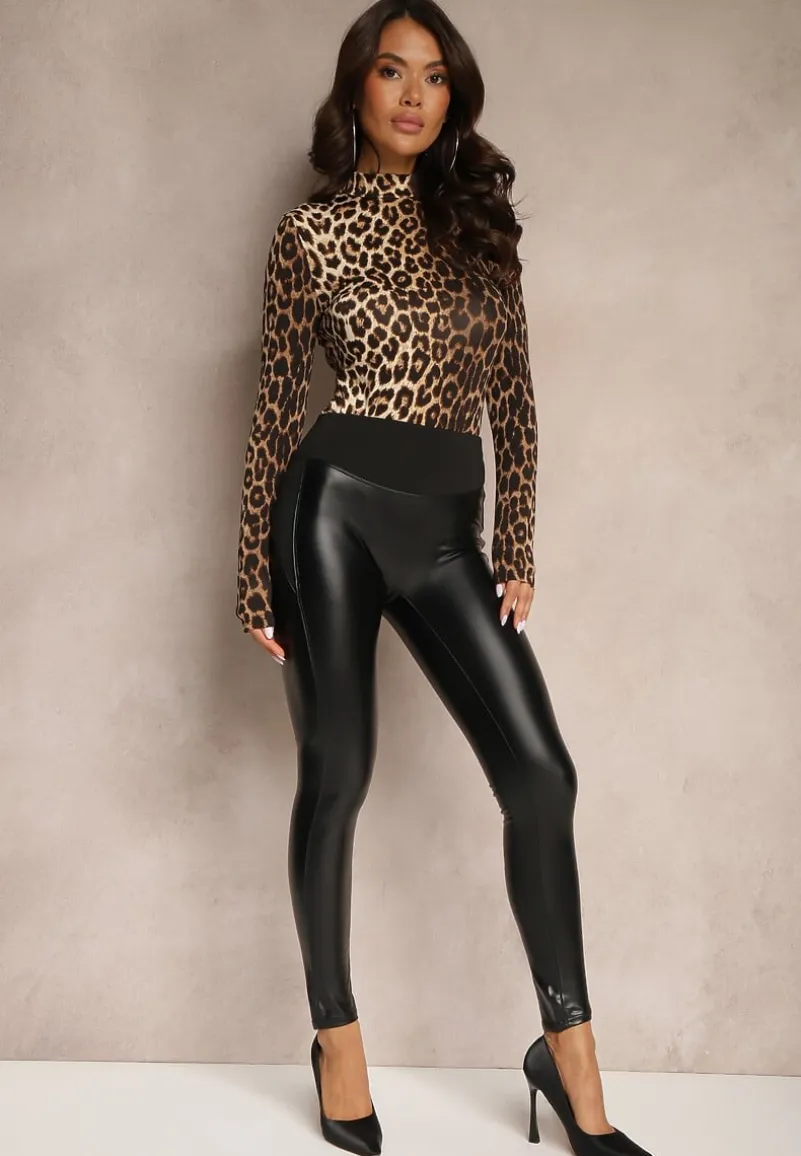 Czarne Legginsy Ocieplane z Ekoskóry z Bawełną z Wysokim Stanem Sorlemi