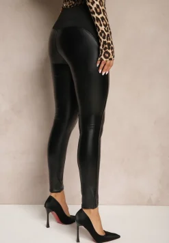 Czarne Legginsy Ocieplane z Ekoskóry z Bawełną z Wysokim Stanem Sorlemi