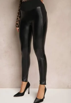 Czarne Legginsy Ocieplane z Ekoskóry z Bawełną z Wysokim Stanem Sorlemi