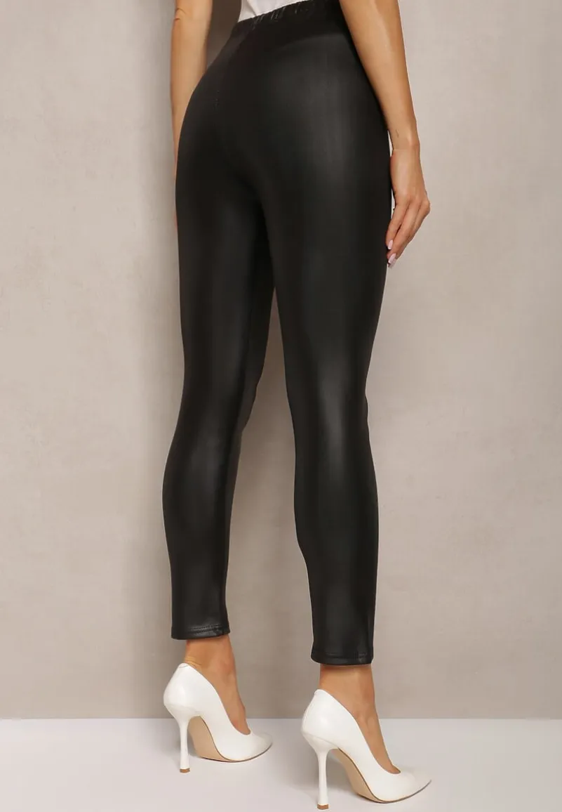 Czarne Legginsy Ocieplone Polarową Podszewką z Szeroką Gumką w Pasie Anamesa