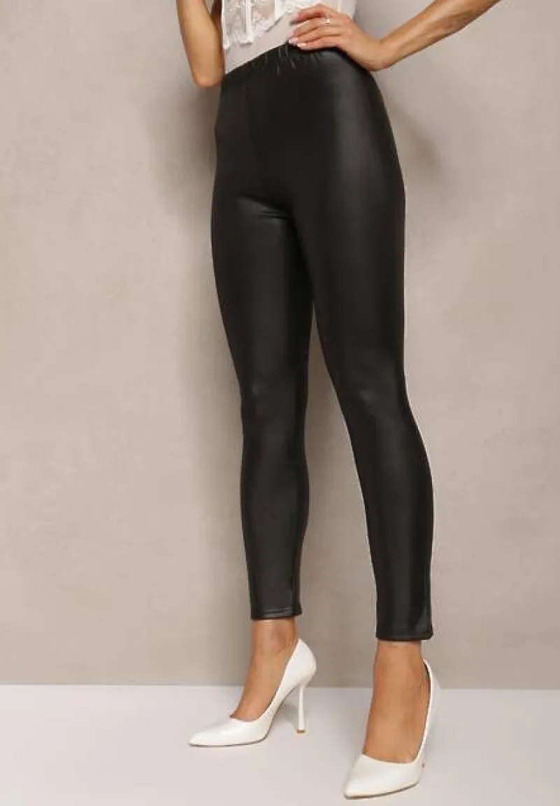 Czarne Legginsy Ocieplone Polarową Podszewką z Szeroką Gumką w Pasie Anamesa