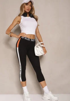 Czarne Legginsy w Sportowym Stylu z Ozdobione Napisami Gleamia