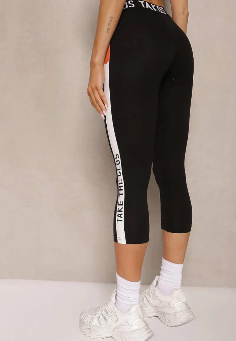 Czarne Legginsy w Sportowym Stylu z Ozdobione Napisami Gleamia