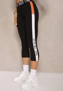 Czarne Legginsy w Sportowym Stylu z Ozdobione Napisami Gleamia