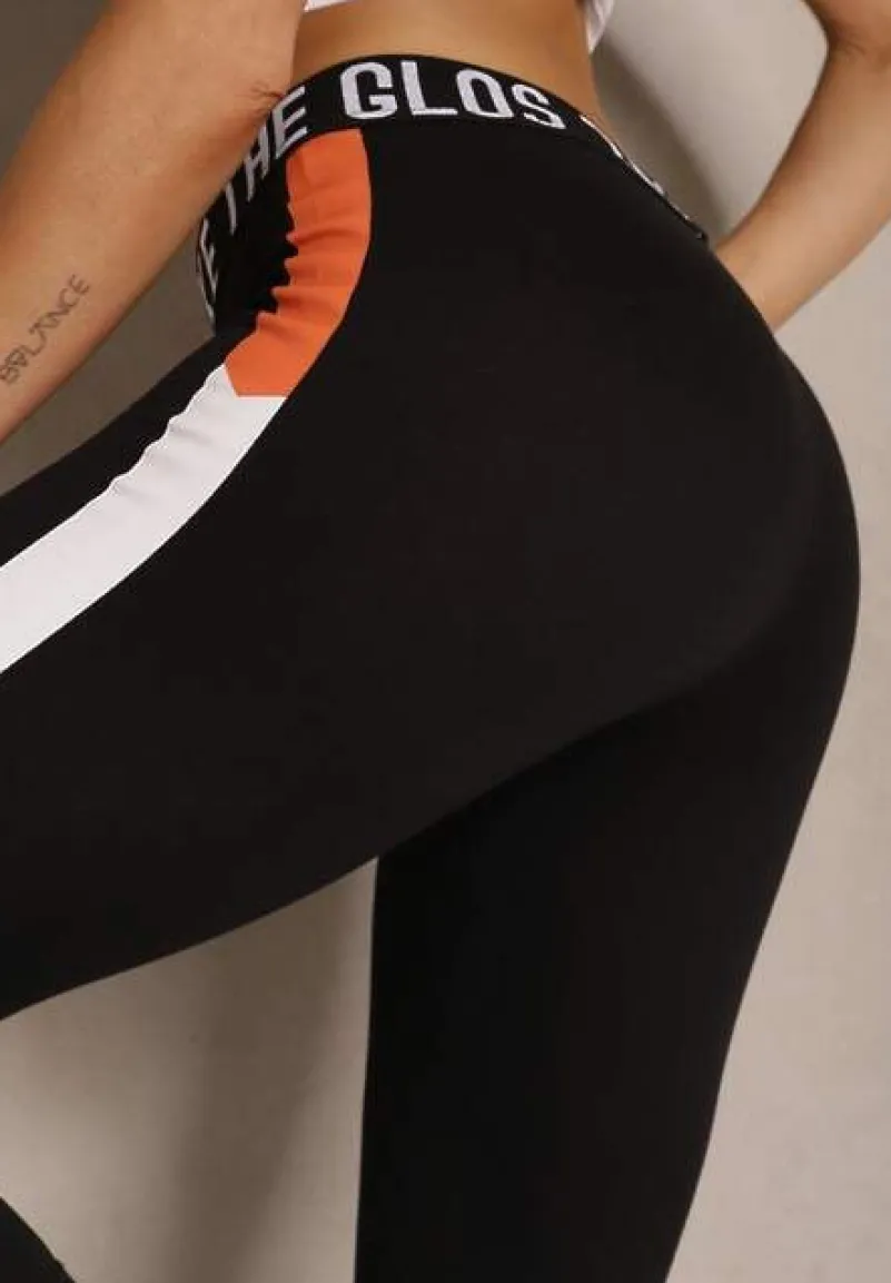 Czarne Legginsy w Sportowym Stylu z Ozdobione Napisami Gleamia