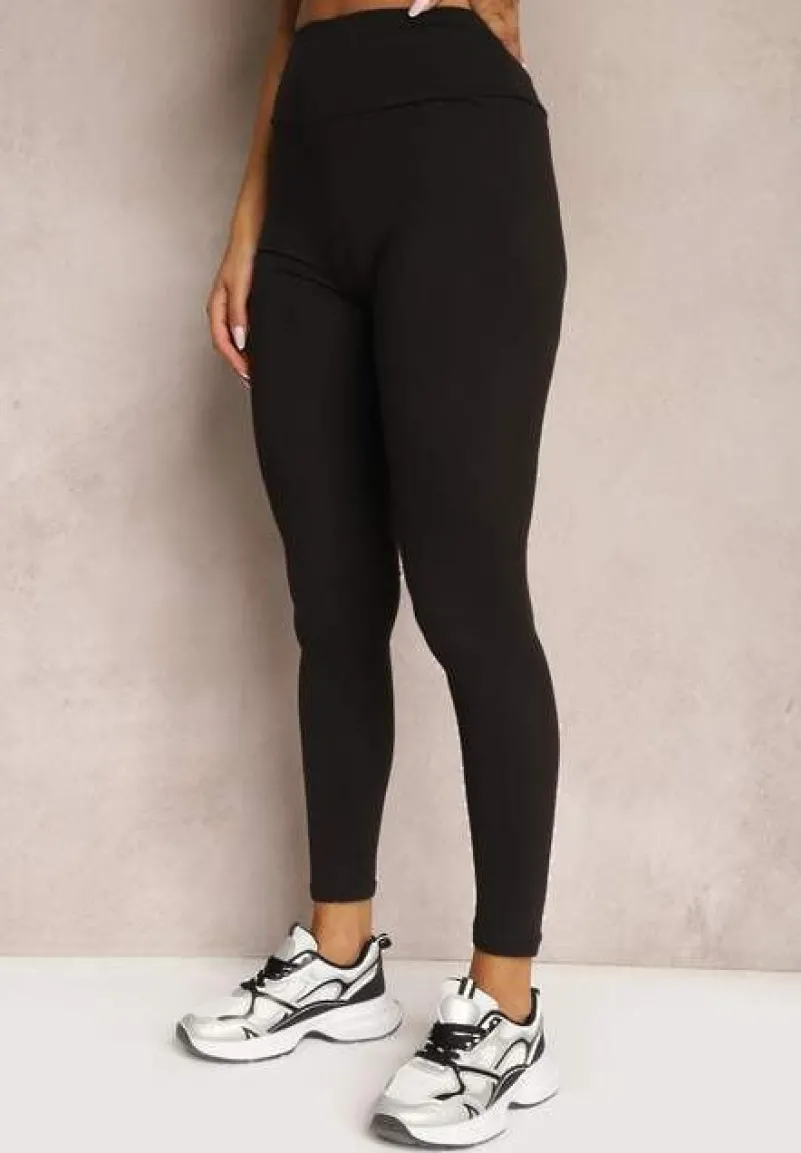 Czarne Legginsy z Dzianiny High Waist z Gumką w Pasie Nimzza