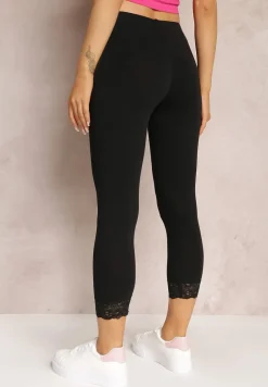 Czarne Legginsy z Gumką w Pasie i Koronkowymi Wstawkami Harine