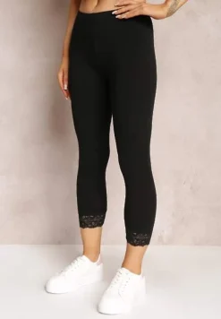 Czarne Legginsy z Gumką w Pasie i Koronkowymi Wstawkami Harine