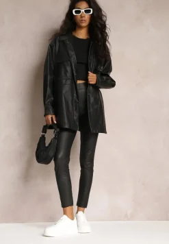 Czarne Legginsy z Imitacji Skóry i Gumką w Pasie Fierale