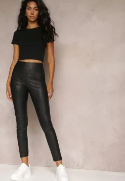 Czarne Legginsy z Imitacji Skóry i Gumką w Pasie Fierale