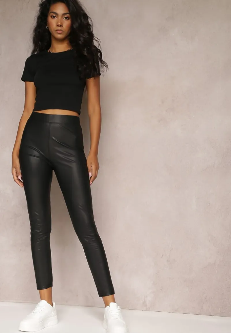 Czarne Legginsy z Imitacji Skóry i Gumką w Pasie Fierale