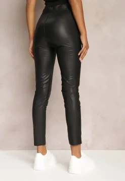 Czarne Legginsy z Imitacji Skóry i Gumką w Pasie Fierale