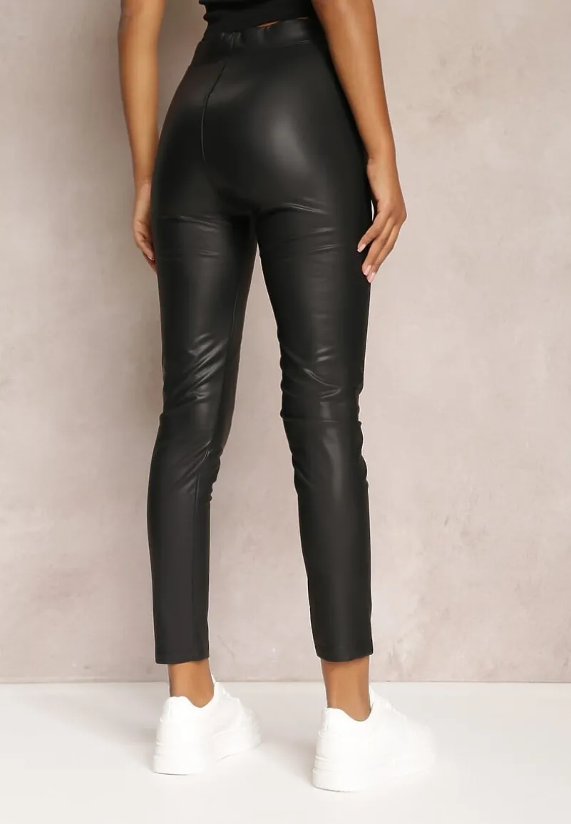 Czarne Legginsy z Imitacji Skóry i Gumką w Pasie Fierale