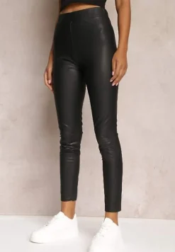 Czarne Legginsy z Imitacji Skóry i Gumką w Pasie Fierale