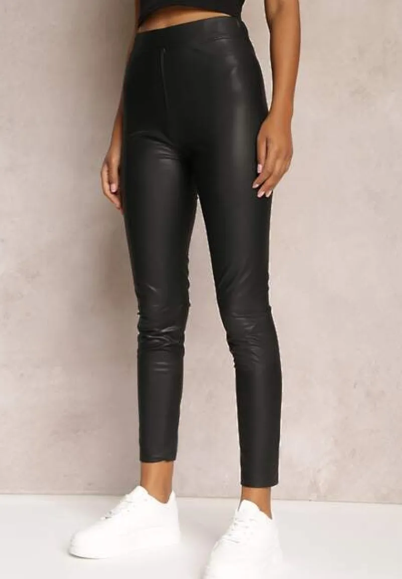 Czarne Legginsy z Imitacji Skóry i Gumką w Pasie Fierale